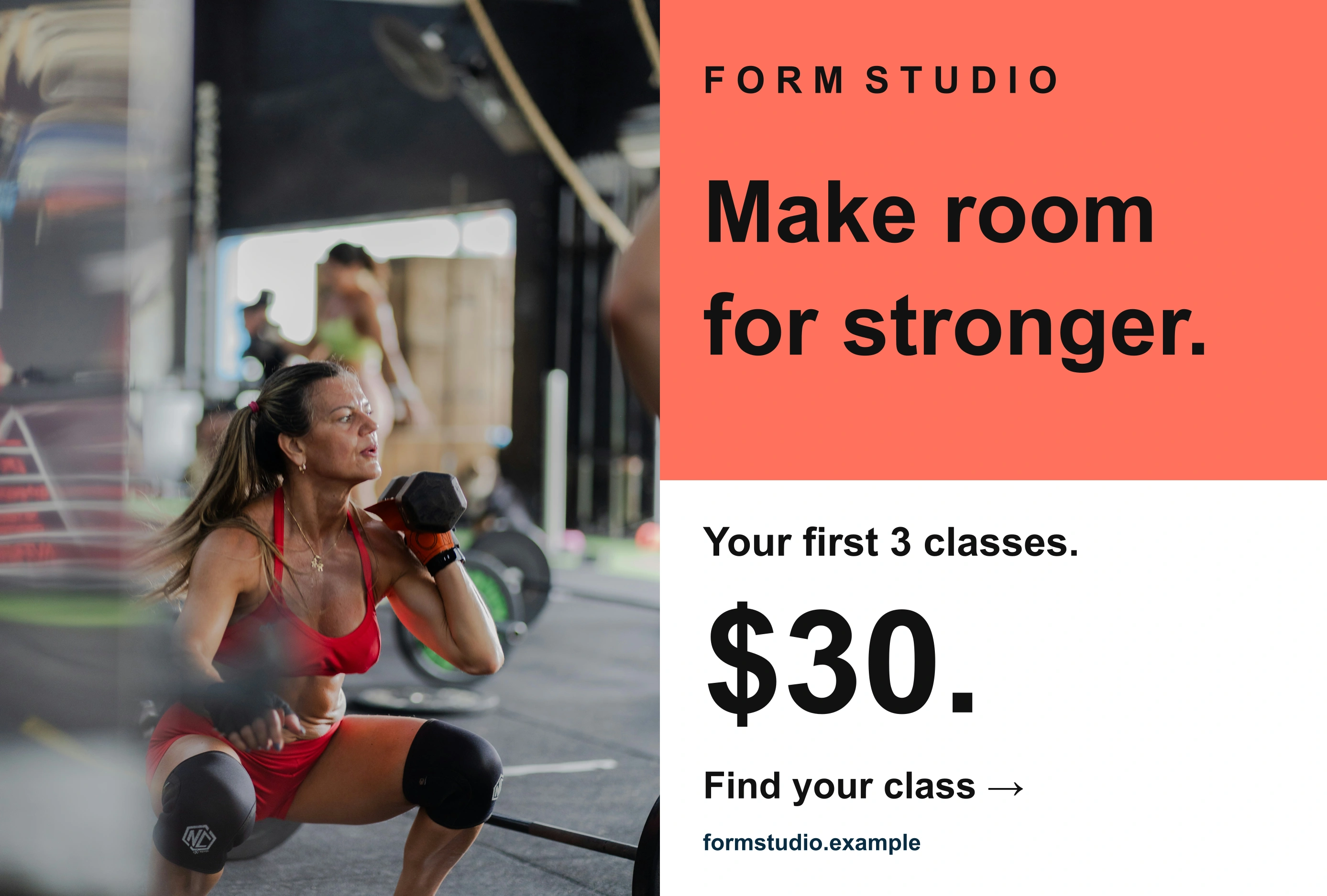 Sample fitness studio postcard with an introductory class offer